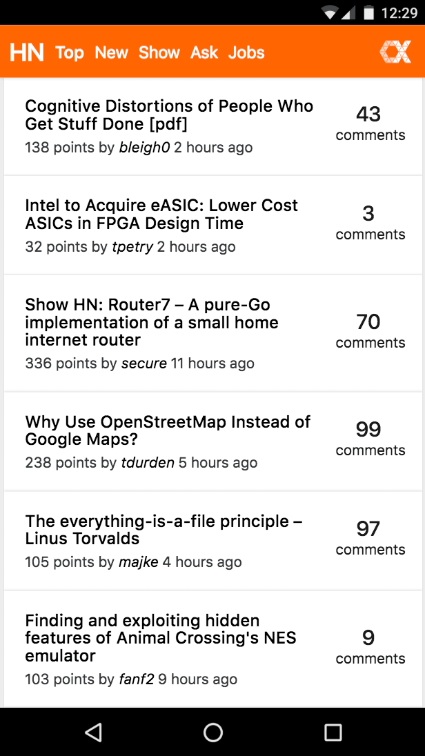 CxJS Hacker News HN PWA running on a mobile phone